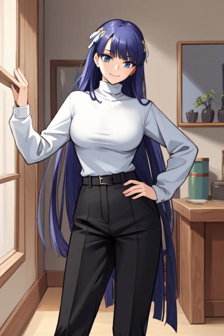 246081-1666078759-masterpiece, best quality, absurdres, perfect antomy, Martha, cowboy shot, standing, smile, indoors, Turtleneck, wide-leg pants.png